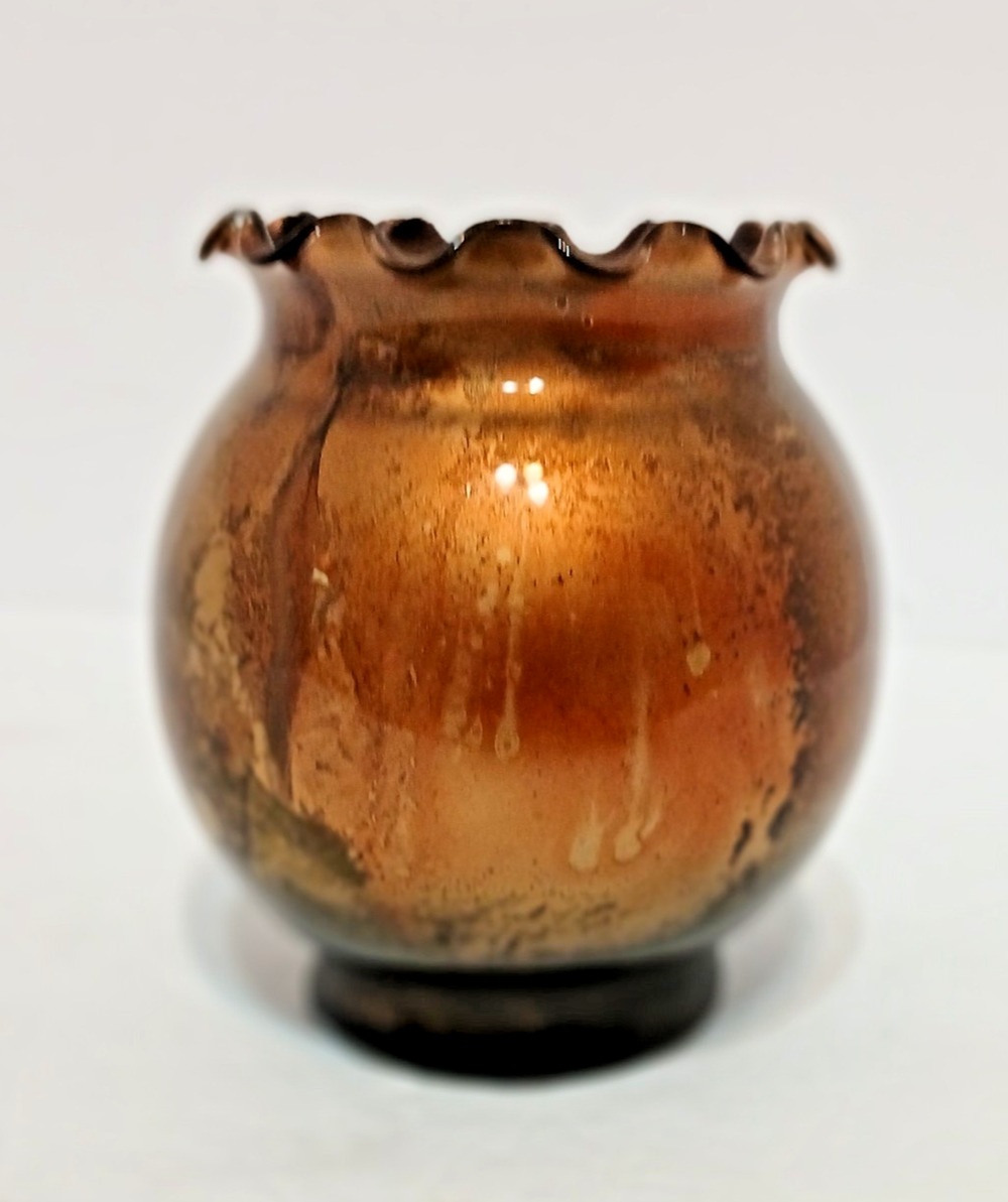 VTG Murano Style Rose Bowl Vase Ruffled Edge Amberina Metallic Bohemian Retro